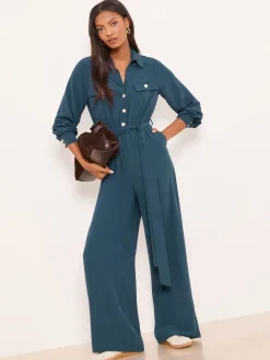 Lipsy Dark Green Petite Utility Belted Military Buttoned V-Neck Jumpsuit Clearance