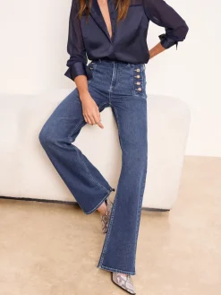 Lipsy Dark Wash Blue Petite Sailor Button Flared Leg Jeans New