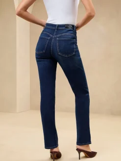 Lipsy High Waist Straight Leg Jeans Dark Wash Blue Sculpting Clearance