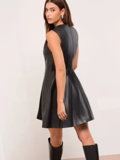 Lipsy Faux Leather Black Studded Mini Fit and Flare Dress Clearance