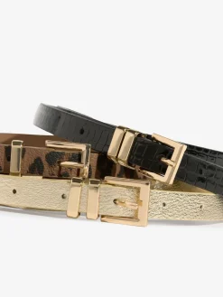 Lipsy Gold, Leopard & Black Skinny Belts 3 Pack Gold, Leopard & Black Sale