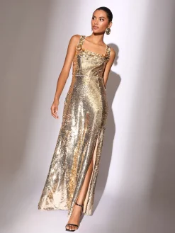 Lipsy Gold Premium Flower Trim Sequin Square Neck Maxi Dress Discount