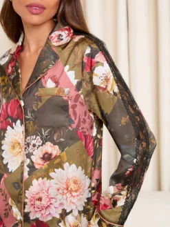Lipsy Satin Long Sleeve Pyjamas Set with Lace Details Green Floral Outlet