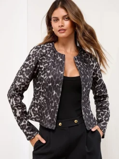 Lipsy Grey Animal Print Cropped Collarless Blazer Hot