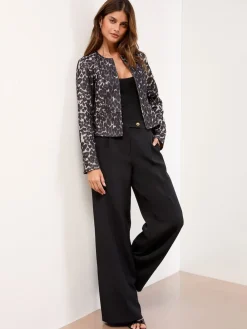 Lipsy Grey Animal Print Cropped Collarless Blazer Hot
