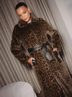 Lipsy Leopard Print Faux-Fur Belted Longline Coat Best
