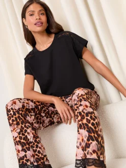 Lipsy Lace Trim Jersey Short Sleeve Trousers Pyjamas Set Leopard Print New