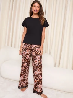 Lipsy Lace Trim Jersey Short Sleeve Trousers Pyjamas Set Leopard Print New