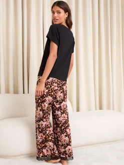 Lipsy Lace Trim Jersey Short Sleeve Trousers Pyjamas Set Leopard Print New