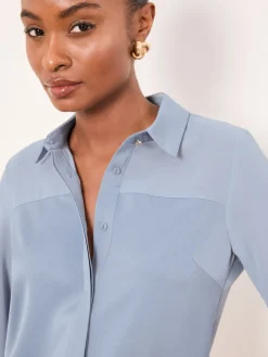 Lipsy Long Sleeve Satin Chiffon Mix Shirt Light Blue Clearance