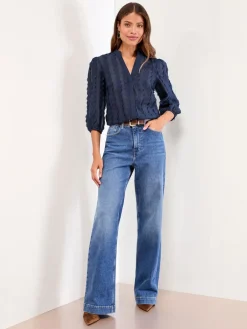 Lipsy 3D Fabric Grandad Collar Short Sleeve Shirt Navy Blue Clearance