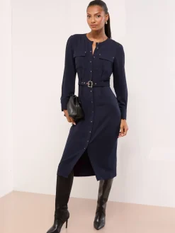 Lipsy Grandad Collar Belted Midi Button Through Shirt Dress Navy Blue Clearance
