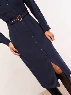 Lipsy Grandad Collar Belted Midi Button Through Shirt Dress Navy Blue Clearance