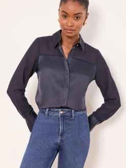 Lipsy Long Sleeve Satin Chiffon Mix Shirt Navy Blue Online
