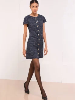 Lipsy Navy Boucle Button Through Short Sleeve Shift Dress Online