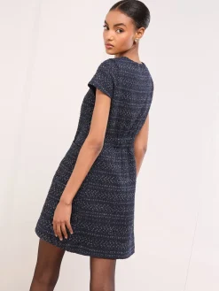 Lipsy Navy Boucle Button Through Short Sleeve Shift Dress Online