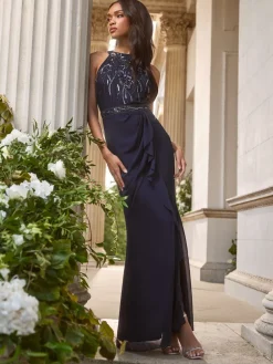 Lipsy Embellished Ruffle Front Halter Wedding Bridesmaid Dress Navy