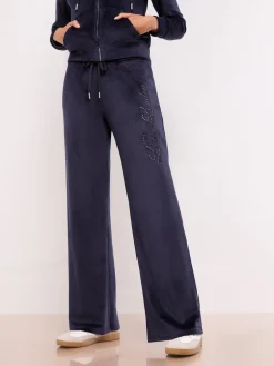 Lipsy Embroidered Velour Relaxed Wide Leg Joggers Navy Hot