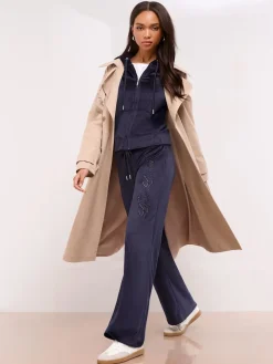 Lipsy Embroidered Velour Relaxed Wide Leg Joggers Navy Hot