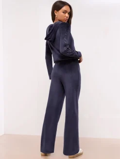 Lipsy Embroidered Velour Relaxed Wide Leg Joggers Navy Hot