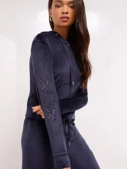 Lipsy Embroidered Velour Zip Through Hoodie Navy Discount