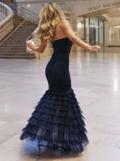 Lipsy Navy Premium Mesh Fishtail Bandeau Maxi Prom Dress Outlet