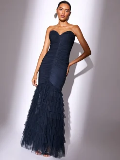 Lipsy Navy Premium Mesh Fishtail Bandeau Maxi Prom Dress Outlet