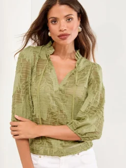 Lipsy Burnout 3/4 Sleeve Top Olive Green Hot