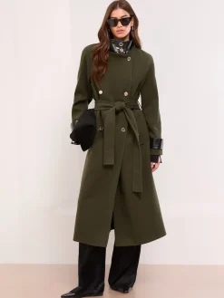 Lipsy Petite Croc Effect Funnel Neck Belted Longline Coat Olive Green Outlet