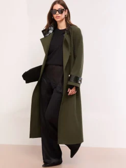 Lipsy Petite Croc Effect Funnel Neck Belted Longline Coat Olive Green Outlet