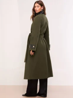 Lipsy Petite Croc Effect Funnel Neck Belted Longline Coat Olive Green Outlet