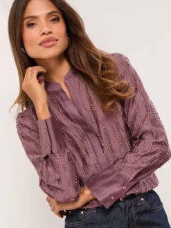 Lipsy Purple Button Down Burnout Detail Shirt Sale