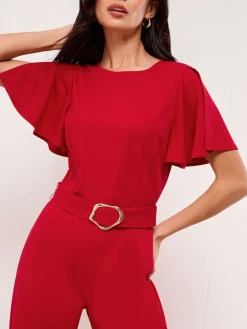 Lipsy Short Sleeve Hardware Jumpsuit Red Hot