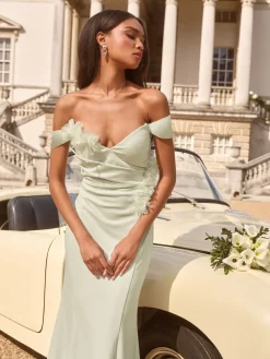 Lipsy Bardot 3D Floral Trim Bridesmaid Dress Sage Green Online