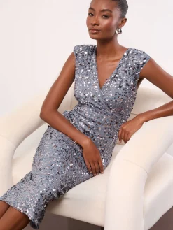 Lipsy Silver Sequin V-Neck Sleeveless Bodycon Midi Dress Best