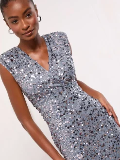 Lipsy Silver Sequin V-Neck Sleeveless Bodycon Midi Dress Best