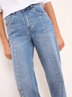 Lipsy Petite Wide Leg Jeans Studded Mid Wash Blue Clearance