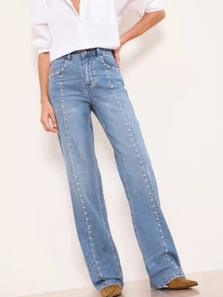 Lipsy Petite Wide Leg Jeans Studded Mid Wash Blue Clearance