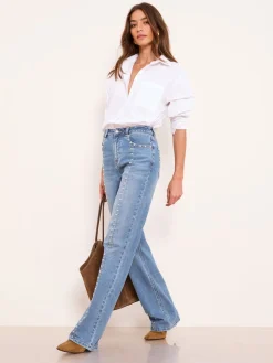 Lipsy Wide Leg Jeans Studded Mid Wash Blue Outlet