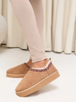 Lipsy Borg Leopard Print Trim Platform Slippers Boots Tan Brown Hot