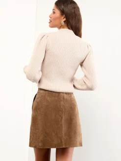 Lipsy Tan Brown Mini Suede Double Popper Skirt New