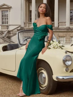 Lipsy Teal Blue Petite Bardot 3D Floral Trim Bridesmaid Dress Hot