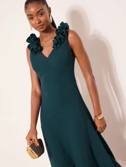 Lipsy Teal Blue Petite Flower Trim V-Neck Skater Dress Clearance