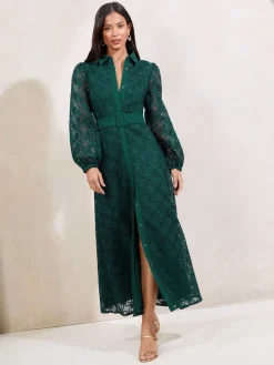 Lipsy Teal Green Petite Premium Lace Belted Long Sleeve Shirt Dress