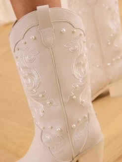 Lipsy White Bridal Pearl Embellished Mid Calf Western Boots Best