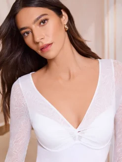 Lipsy Lace Long Sleeve Padded Thong Bodysuit White Clearance