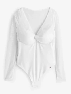 Lipsy Lace Long Sleeve Padded Thong Bodysuit White Clearance