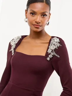 Lipsy Wine Embellished Shoulder Trim Long Sleeve Bodycon Midi Dress New
