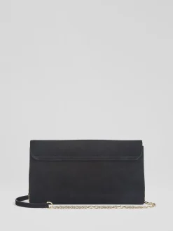 LK Bennett Black Aria Suede Curve Flap Wide Clutch Bag New
