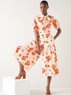LK Bennett Orange & Flora Ivory Multi Cotton Pleat Block Floral Sateen Culottes